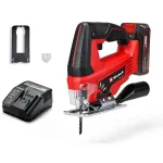 Einhell TC-JS 18/70 Li akumuliatorinis siaurapjūklis 4321280, Power X-Change, 18 V, 2700 eig./min., 70 mm pjovimo gylis, su 2,5 Ah akumuliatoriumi ir krovikliu, raudonas/juodas