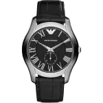 Armani AR1703 vyri&scaron;kas kvarcinis chronografinis laikrodis, 43 mm, juodas ciferblatas, odinė apyrankė