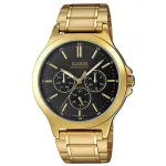 CASIO MTP-V300G-1AUDF Vyri&scaron;kas analoginis kvarcinis laikrodis, 47 mm, auksinis jonais dengtas nerūdijančio plieno korpusas, juodas ciferblatas, diena-data