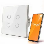 Qoltec 52718 Smart Touch 4 kanalų Wi-Fi jungiklis &scaron;viesai su laikmačiu, Tuya/Smart Life, grūdintas stiklas, baltas