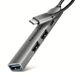 USB centrinis įrenginys AXAGON HUE-STC, 4 prievadų aliumininis strypas, 1x USB-A 5Gbps + 2x USB-A ir 1x USB-C 480Mbps, USB-C &scaron;eimininkas, 12 cm kabelis, pilka spalva
