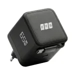 EFB Elektronik G652CE 65W GaN USB-C PD 3.0 sieninis įkroviklis su įtraukiamu kabeliu, juodas