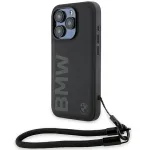 BMW Signature Leather Wordmark Cord Hard Case, skirta iPhone 15 Pro 6.1, juoda