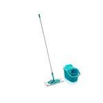 LEIFHEIT Clean & Compact grindų valymo rinkinys su plok&scaron;čiuoju mopu ir koja valdomu gręžtuvu, 8L kibiras, mikropluo&scaron;to galvutė, 33cm, balta/mėlyna