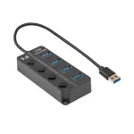Akyga AK-AD-33 aktyvus USB 3.0 &scaron;akotuvas, 4 prievadai su atskirais jungikliais, 15 cm, juodas