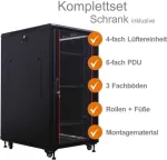 IT-BUDGET 19 inch tinklo spintos SRK komplektas - 22U - 600x800 mm - stiklinės/plieninės durys - 4 aktyvūs ventiliatoriai - PDU - lentynos - surinkta - juoda (99ITB19SRK2268GSM)