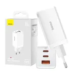 Sieninis įkroviklis Baseus GaN5 Pro 65W &ndash; USB + 2&times;USB-C (QC3.0, PD3.0) su 1 m USB-C laidu, baltas