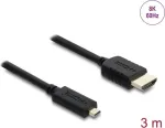 HDMI kabelis DELOCK 81692 &mdash; 3 m, HDMI A tipo (standartinis) į HDMI D tipo (mikro), 48 Gbit/s, iki 7680&times;4320, auksuoti kontaktai, juodas