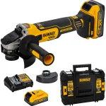 DEWALT DCG405S2T-QW 18V XR belaidis kampinis &scaron;lifuoklis 125 mm su &scaron;epečiu varikliu, 2x5,0 Ah akumuliatoriais, įkrovikliu ir TSTAK dėžute