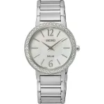 SEIKO SUP467P1 Moteri&scaron;kas laikrodis su saulės energijos kvarciniu mechanizmu, 30,5 mm, nerūdijančio plieno, sidabrinis, perlų motinos, deimantinis