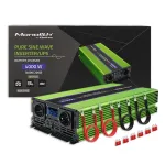 Qoltec Monolith įtampos keitiklis | Baterijos įkrovimas | UPS | 2000W | 4000W | 12V į 230V | Grynas sinusas | LCD juodas-žalias