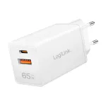 Logilink USB-A/C įkroviklis 65 W GaN, 1x USB-A (QC), 1x USB-C (PD), baltas