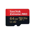 MicroSDXC atminties kortelė SANDISK Extreme PRO 64GB UHS‑I U3 V30 A2, skaitymas 200 MB/s, ra&scaron;ymas 90&ndash;140 MB/s, su SD adapteriu