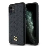 DKNY DKHMN61PSHRPSK iPhone 11 / XR 6,1 inch juodas odinis kietas dėklas su monogramos ra&scaron;tu, metaliniu logotipu ir MagSafe