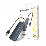 Wozinsky WHS080YSS 4 prievadų USB-A 3.0 &scaron;akotuvas su atskirais jungikliais, aliuminis, pilkas, 15 cm laidas