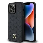 DKNY DKHMP13LPSHRPSK kietasis dėklas, skirtas iPhone 13 Pro / 13, juodos odos ra&scaron;to, su metaliniu logotipu, MagSafe