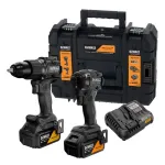 DEWALT DCK2222MM2T-QW 18V XR be&scaron;epetėlis dviejų įrankių rinkinys: gręžtuvas su suktuvu ir smūginis suktuvas, 2x4.0Ah baterijos, kroviklis, TSTAK II dėklas