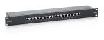 Equip 16 prievadų Cat.6 ekranuotas skirstomasis skydas, juodas, RJ-45, auksiniai kontaktai, Cat6, montavimas į stelažą, 1U