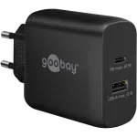 USB-C dvigubas greitas įkroviklis, PD, GaN, 65 W (juodas, 1x USB-C, 1x USB-A, Power Delivery)
