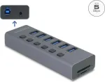 USB 3.0 i&scaron;orinis 6 prievadų &scaron;akotuvas DELOCK 64237 su atskirais jungikliais ir SD/MicroSD kortelių lizdu