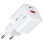 Equip 245526 2 prievadų USB-C PD3.0 / USB-A GaN 20W sieninis įkroviklis, baltas