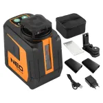 NEO TOOLS 75-144 žaliasis 5 linijų lazerinis nivelyras 20 m su magnetiniu laikikliu ir dėklu