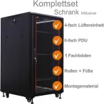 IT-BUDGET 19 inch tinklo spintos SRK komplektas - 18U, 600x800 mm, stiklinės priekinės durelės, vientisos galinės durelės, 4 aktyvūs ventiliatoriai, PDU, lentynos, i&scaron; anksto surinkta, juoda 99ITB19SRK1868GSM