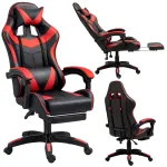 LEAN Swivel Office Gaming Chair with Footrest and Cushions, Black and Red