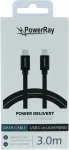 PowerRay USB-C į Lightning duomenų ir įkrovimo kabelis 3m juodas tekstilinis pintas MFi sertifikuotas PR-DCCL300TBK