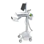 Ergotron mobilus medicininis darbo vietos vežimėlis LCD ekranui / PC įrangai &ndash; maitinamas LiFe baterija, EU &ndash; medicininis &ndash; plastikas, aliuminis, cinkuotas plienas &ndash; pilkas, baltas, poliruotas aliuminis &ndash; ekrano dydis: iki 22 colių