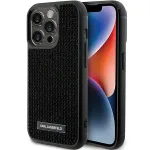Karl Lagerfeld KLHCP15LHDSPLK Kietas dėklas, skirtas iPhone 15 Pro 6,1 inch, juodas, su cirkonio logotipu ir metaline plok&scaron;tele