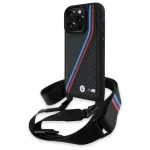 BMW M Edition Carbon Tricolor Lines & Strap Hard Case, skirta iPhone 16 Pro 6.3, juoda
