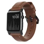 NOMAD Traditional Band &ndash; Odinis dirželis i&scaron; Horween odos, skirtas Apple Watch 46mm/49mm, Rustic Brown, juodos spalvos apkaustai