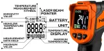NEO TOOLS 75-276 pirometras, bekontaktis infraraudonųjų spindulių termometras su dvigubu lazeriniu taikymu, -50&deg;C iki 880&deg;C, 12:1 D:S, reguliuojamas spinduliavimo koeficientas, ap&scaron;viestas LCD