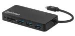 Manhattan USB-C Dock / Hub su kortelių skaitytuvu, 3x USB-A, 5 Gbps (USB 3.2 Gen1), juodas