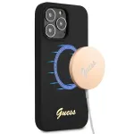 Guess GUHMP13XLSLMGBK Silikoninis kietas dėklas, skirtas Apple iPhone 13 Pro Max 6,7 inch juodas su auksiniu logotipu MagSafe