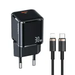 USAMS T45 30W PD3.0 USB-C greitasis įkroviklis su U63 USB-C&ndash;Lightning laidu, juodas, UXTZH01