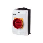Eaton P1-25/I2/SVB 3 polių pagrindinis jungiklis, 25 A, 690 V, IP65, raudona/geltona rankena, pavir&scaron;inis montavimas, avarinio sustabdymo funkcija