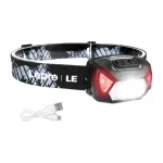 LEPRO 320014 USB įkraunamas LED žibintuvėlis su CREE XPE prožektoriumi, COB &scaron;viesos skleidėju, raudona &scaron;viesa, IPX4 atsparus vandeniui, 300 liumenų, 1200mAh baterija, reguliuojama elastinė juosta - juoda