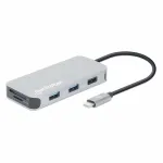 Manhattan USB-C dokų stotelė / &scaron;akotuvas su kortelių skaitytuvu, 6 prievadai: Ethernet, HDMI, USB-A (x3) ir USB-C, su 100 W galios tiekimu USB-C prievadui (reikalingas papildomas USB-C sieninis įkroviklis ir USB-C laidas), universalus visiems įrengin ...