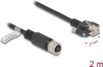 Tinklo kabelis DeLOCK M12 D-koduotas 4 kontaktų moteri&scaron;kas į RJ45 ki&scaron;tuką Cat.5e 2 m juodas
