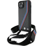 BMW M Edition Carbon Tricolor Lines Hardcase, iPhone 15 Plus / 14 Plus 6,7 inch, juodas su dirželiu