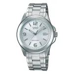Casio MTP-1215A-7A Vyri&scaron;kas Analoginis Kvarco Laikrodis su Nerūdijančio Plieno Apyranke, Sidabriniu Ciferblatu, 38,4 mm Korpusu, Dienos-Datos Rodymu, 50m Atsparumu Vandeniu