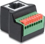 Delock RJ45 Female į 8 kontaktų gnybtų bloką adapteris, 90&deg; kampu, su mygtuku, juodas