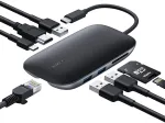 AUKEY CB-C71 USB-C &scaron;akotuvas 8 viename, 3x USB-A 3.0, HDMI 4K@30Hz, Gigabit RJ45, SD/microSD, USB-C PD 100 W, 0,15 m laidas, aliuminis, juodas