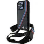BMW M Edition Carbon Tricolor Lines kietasis dėklas, skirtas Apple iPhone 15 Pro 6,1 inch juodas su dirželiu