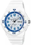 CASIO MRW200HC7B2VD Vyri&scaron;kas analoginis kvarcinis laikrodis su dienos ir datos rodymu, 100m atsparumu vandeniui, dervos dirželiu, baltu ciferblatu, mėlynu/raudonu apvadu
