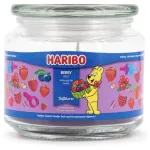 Kvepianti va&scaron;ko žvakė Haribo A2168 apvali gervuogė-avietė-bra&scaron;kė, rožinė, 100 mm &times; 100 mm, 300 g, stikliniame inde