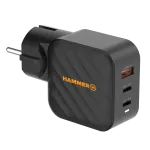 HAMMER RapidCharge 65W GaN sieninis įkroviklis - 2x USB-C PD, 1x USB-A QC, juodas