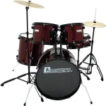Dimavery DS-200 būgnų rinkinys, vyno raudonos spalvos, su bosinio būgno pedalu ir lėk&scaron;tėmis